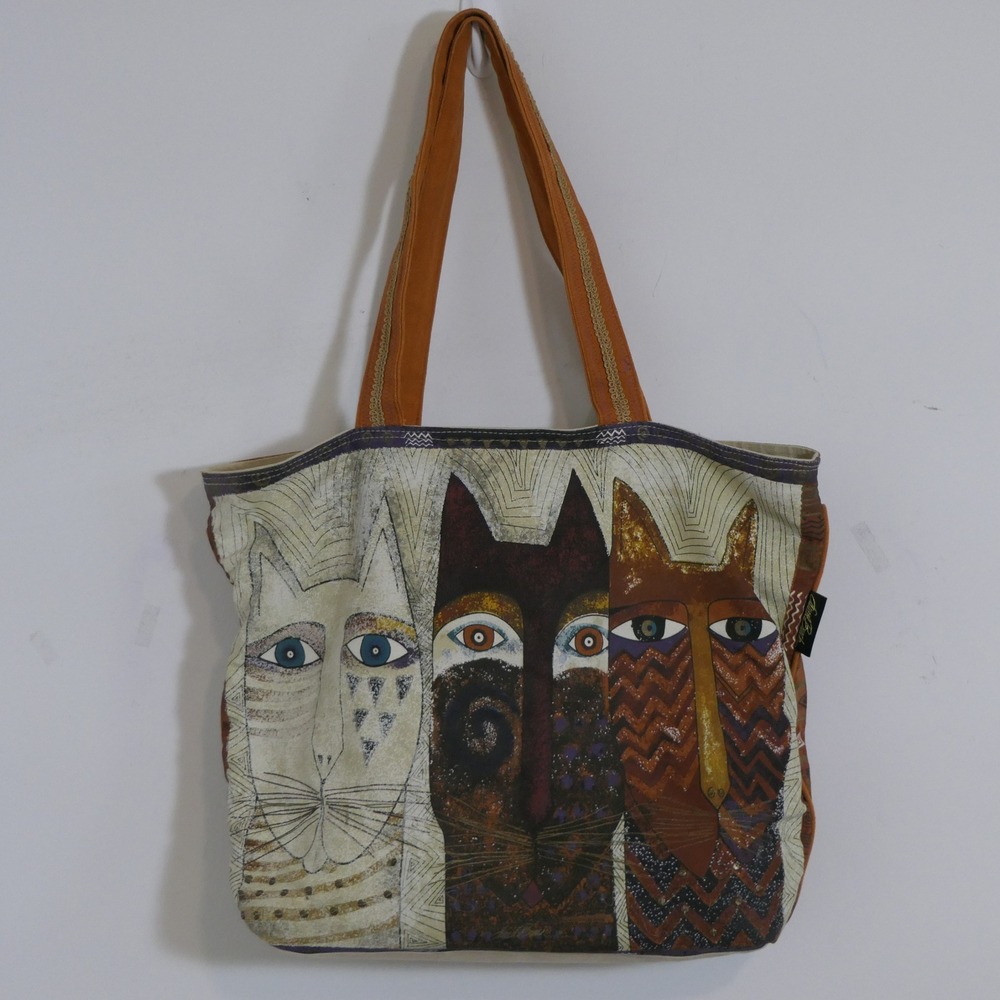 Laurel Burch Womens Tote Bag L Tan Three Feline Friends Boho Folk Art Cat Lover